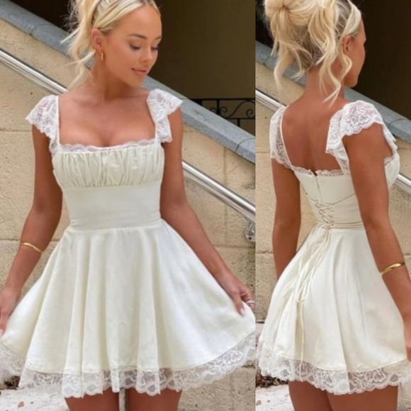 House of CB Dresses & Skirts - House of CB Kaia Ivory A-Neck Corset Mini Dress Back Lace Womens Sz Small Linen